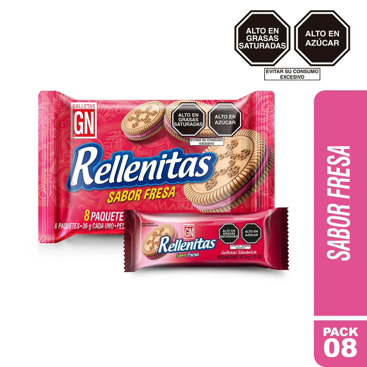 GN - Galletas GN Rellenitas Sabor Fresa Empaque 8 Und