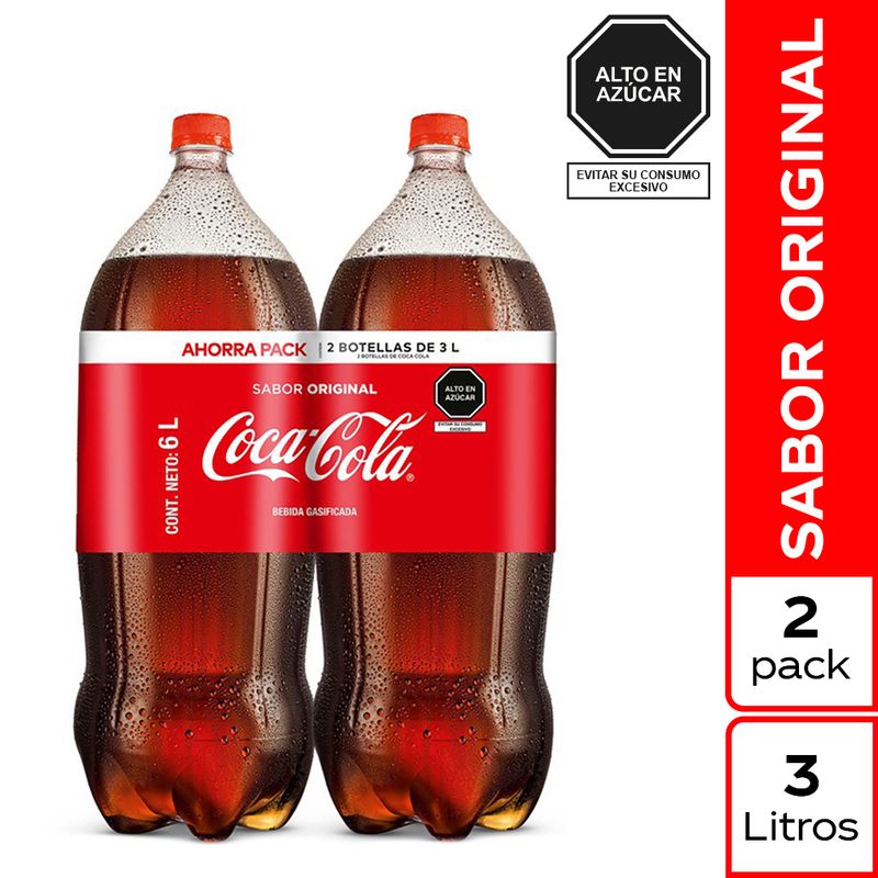 COCA COLA - Gaseosa Coca Cola Pack 2 Botellas 3 L