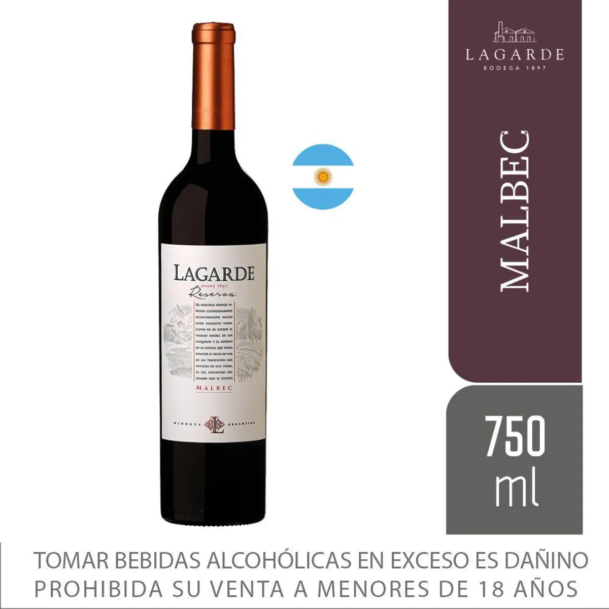 LAGARDE - Vino Tinto Lagarde Reserva Malbec Botella 750 mL