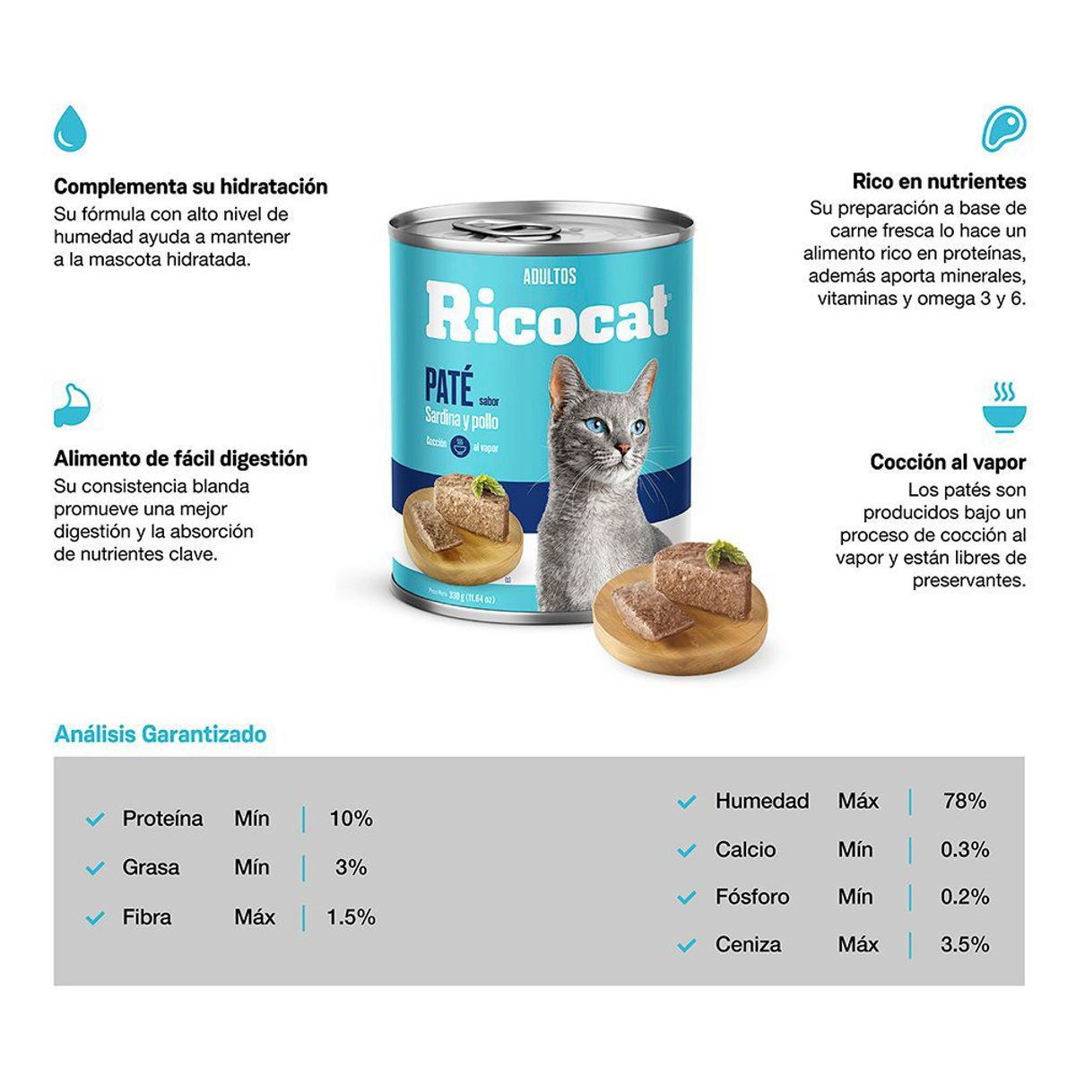 RICOCAT - Paté Gatos Adultos Ricocat Pescado y Pollo Lata 330 g