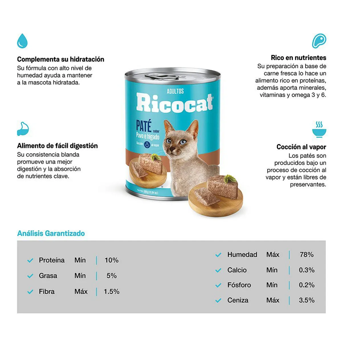 RICOCAT - Paté Gatos Adultos Ricocat Pavo y Hígado Lata 330 g
