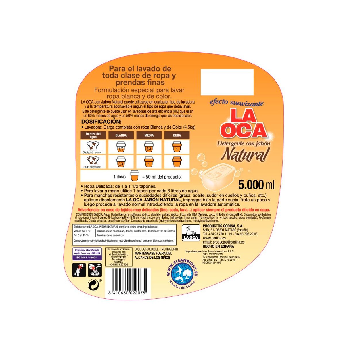LA OCA - Detergente Líquido La Oca Jabón Natural Envase 5 L