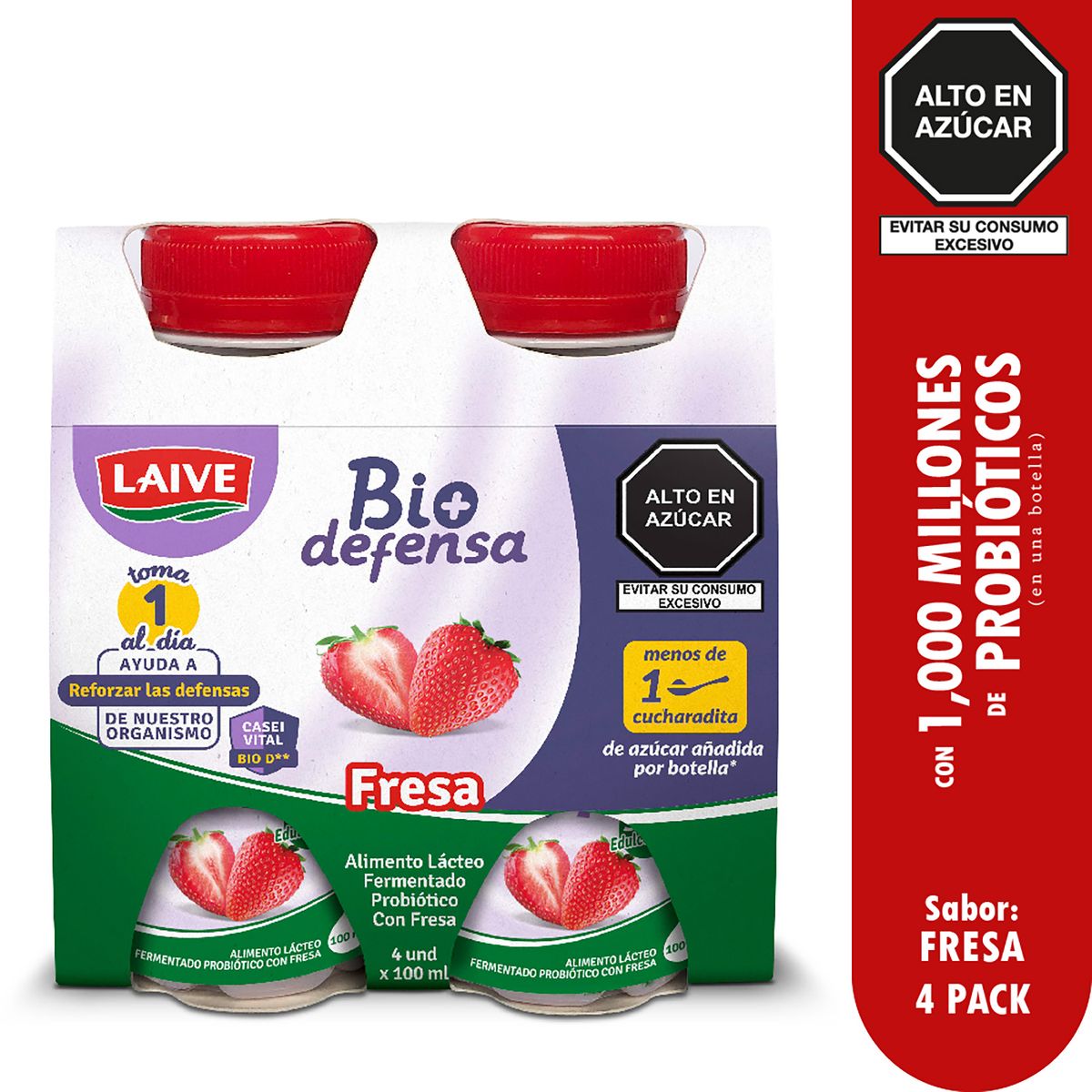 LAIVE - Yogurt Laive Biodefensa Fresa Pack 4 Botellas 100 mL
