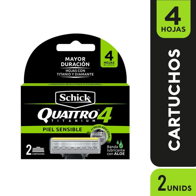 SCHICK - Repuesto Máquina De Afeitar Schick Quattro 4 Titanium Piel Sensible Caja 2 Und