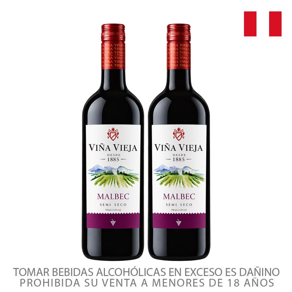 VINA VIEJA - Vino Tinto Viña Vieja Malbec Semiseco Pack 2 Botellas 750 mL