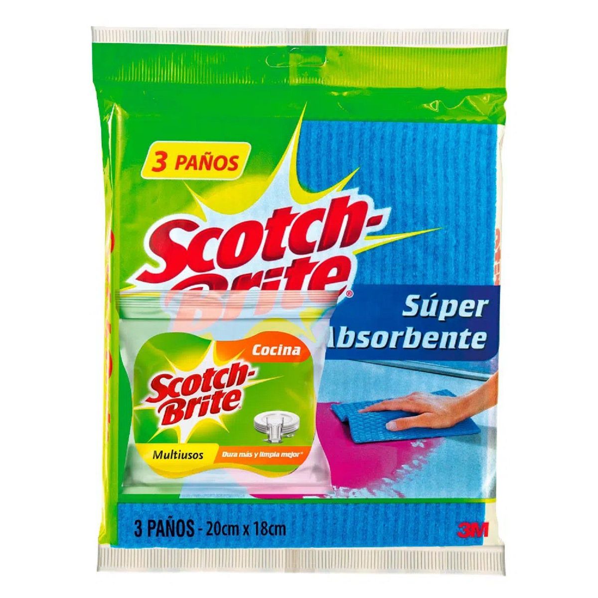 SCOTCH BRITE - Pack Paño Scotch Brite Superabsorbente 3 Und + Esponja
