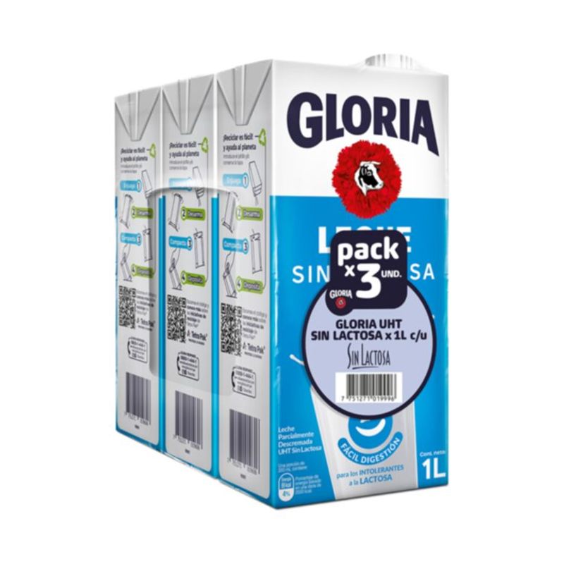 GLORIA - Leche Gloria Sin Lactosa Semidescremada UHT Pack 3 Unidades 1 L