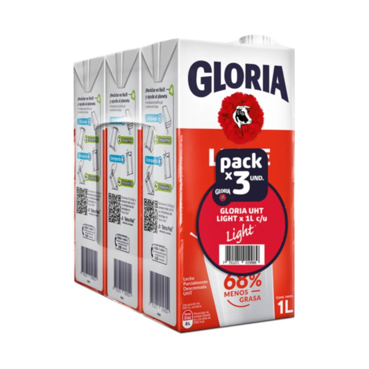 GLORIA - Leche UHT Light Gloria Pack 3 Cajas 1 L
