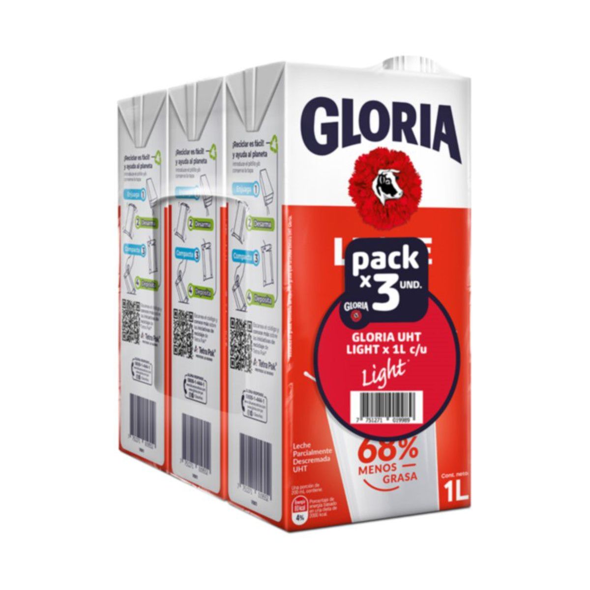 GLORIA - Leche UHT Light Gloria Pack 3 Cajas 1 L