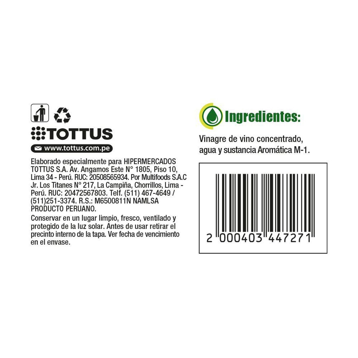 TOTTUS - Vinagre de Vino Blanco Tottus Botella 500 mL