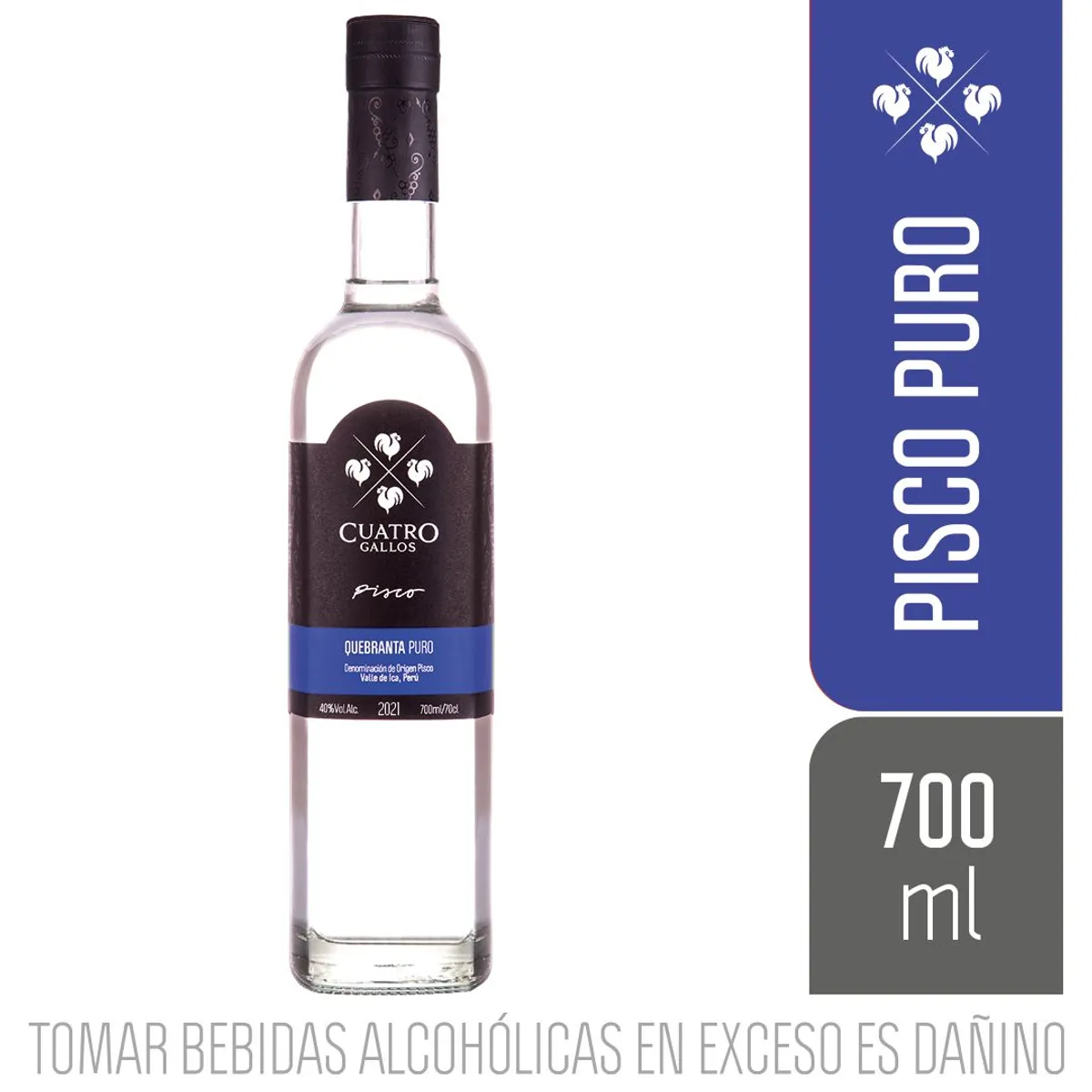CUATRO GALLOS - Pisco Puro Quebranta Cuatro Gallos Botella 700 mL