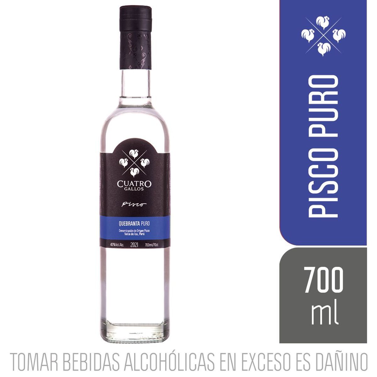 CUATRO GALLOS - Pisco Puro Quebranta Cuatro Gallos Botella 700 mL