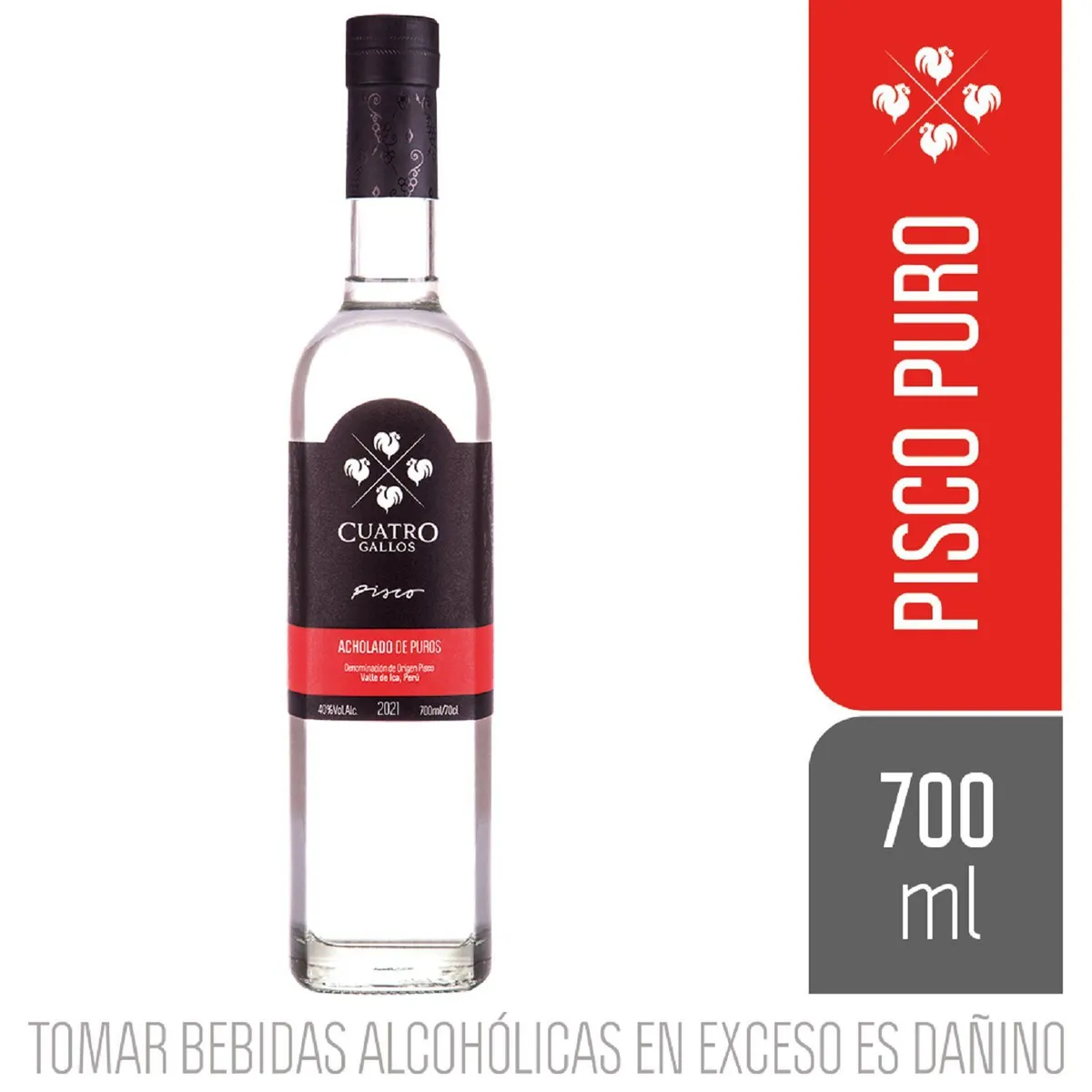 CUATRO GALLOS - Pisco Puro Acholado Cuatro Gallos Botella 700 mL