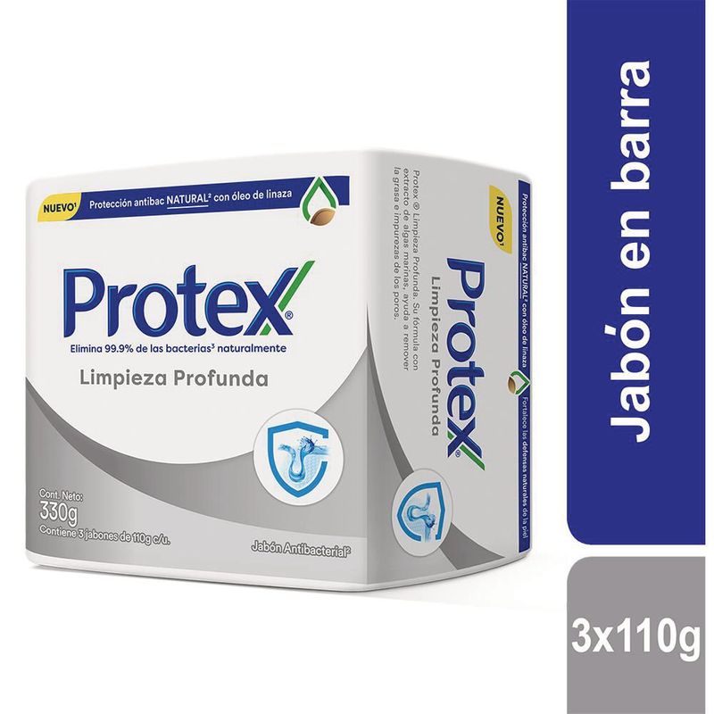 PROTEX - Jabón Protex Antibacterial Limpieza Profunda Pack 3 Empaques 110 g