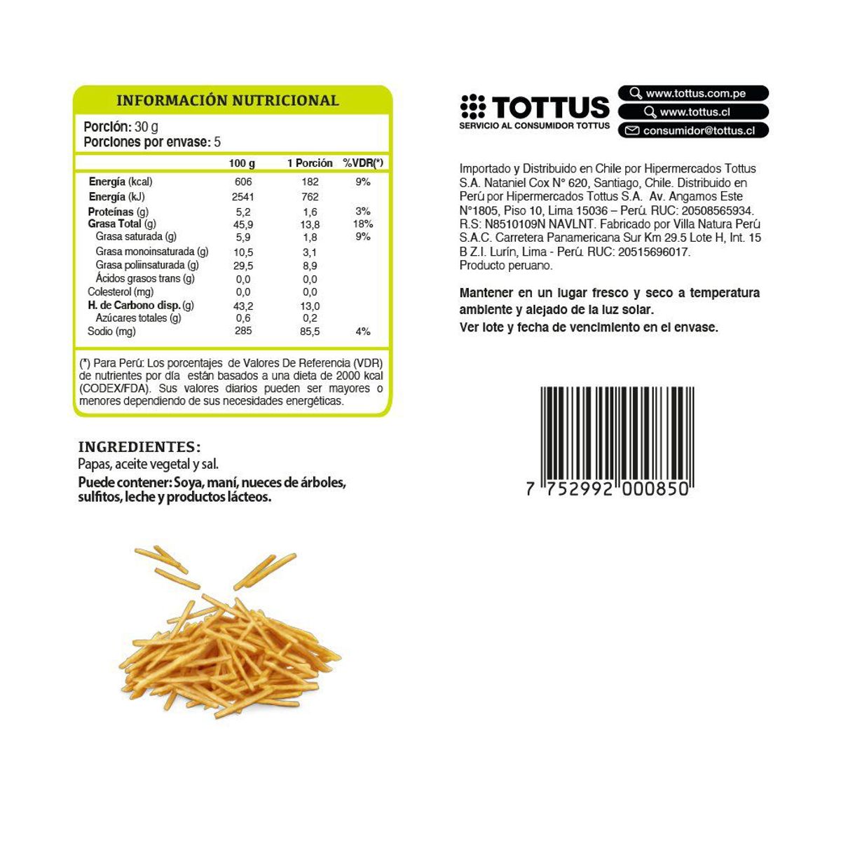 TOTTUS - Papas Al Hilo Craanch Tottus Bolsa 150 g