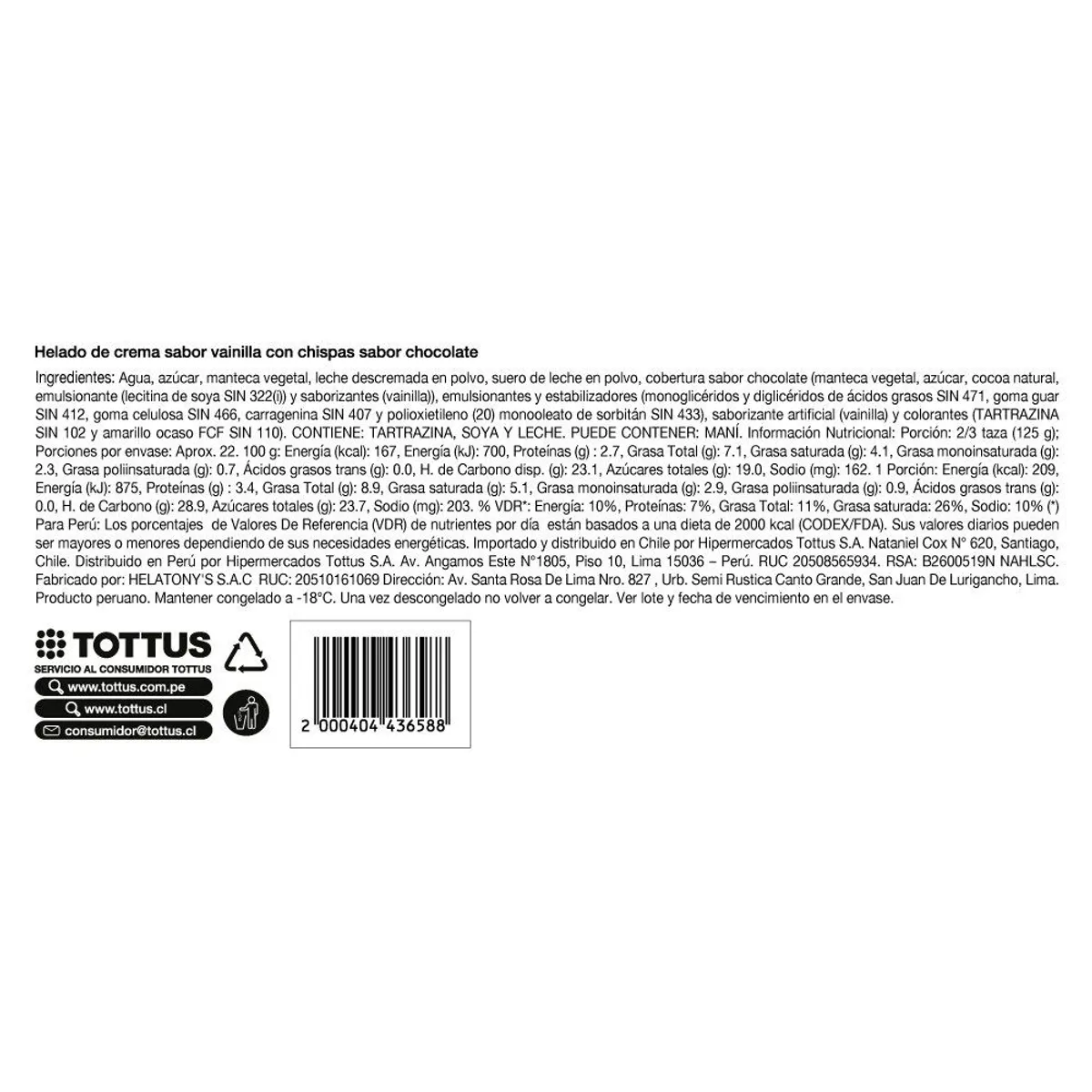 TOTTUS - Helado de Crema Vainilla Chips Tottus Pote 5 L