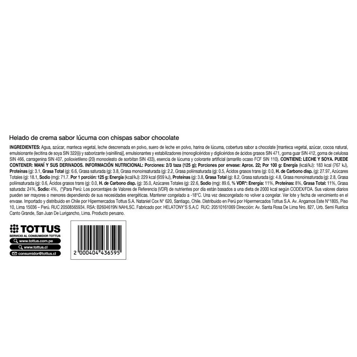 TOTTUS - Helado de Crema Lúcuma Chips Tottus Pote 5 L