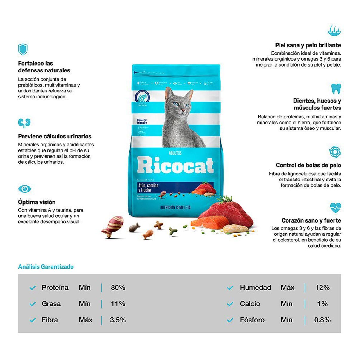 RICOCAT - Alimento Seco Gatos Adultos Ricocat Atún Sardina y Trucha Bolsa 500 g