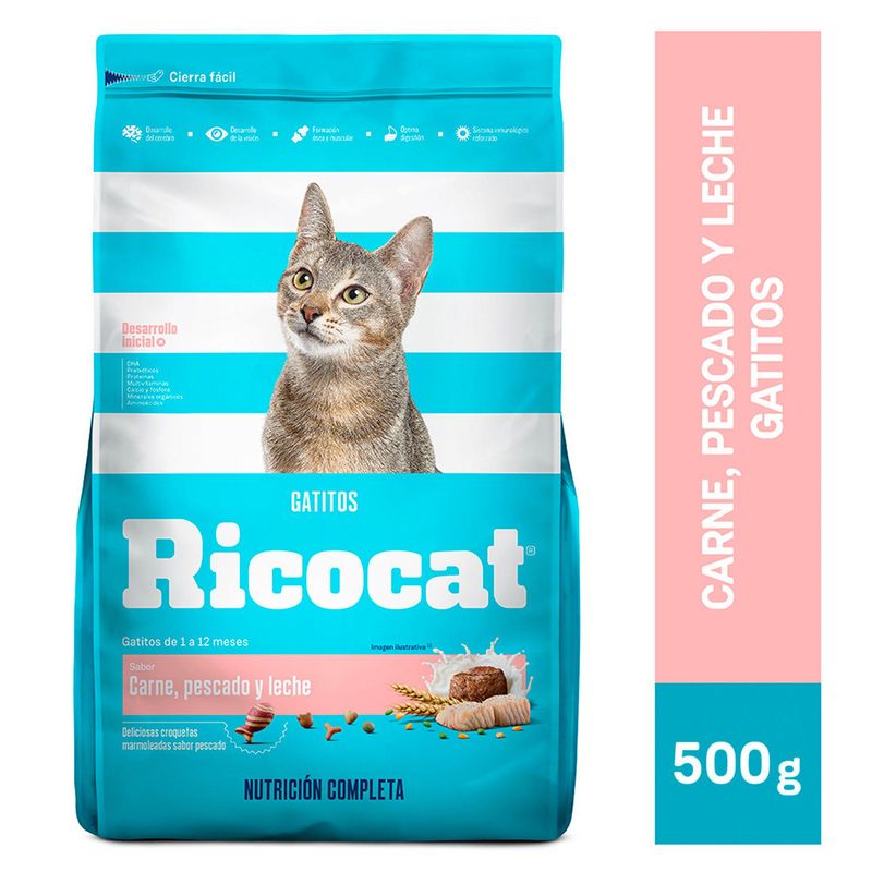 RICOCAT - Comida para Gatos Cachorros Ricocat Carne Pescado y Leche 500 g