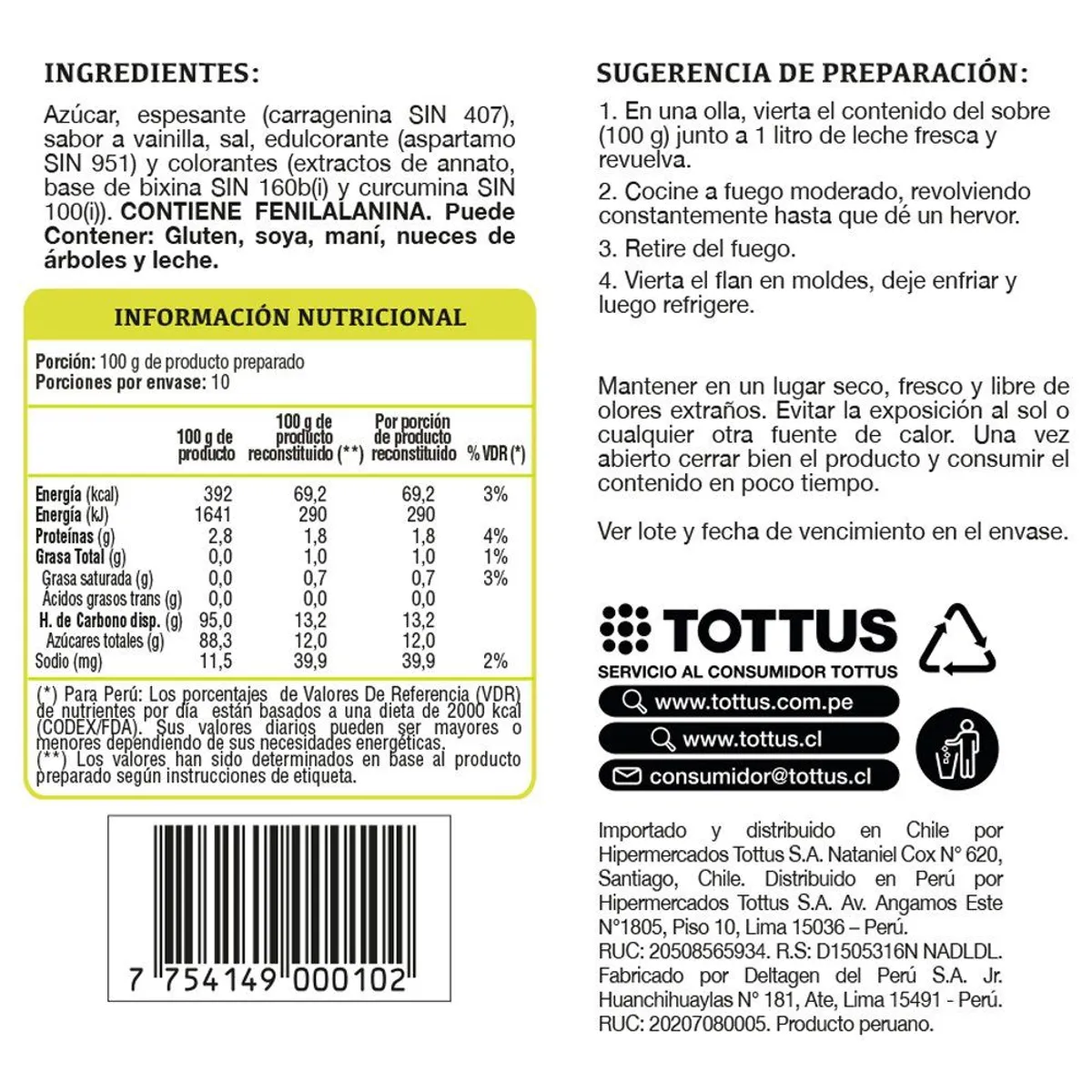 TOTTUS - Flan Sabor a Vainilla Tottus 100 g