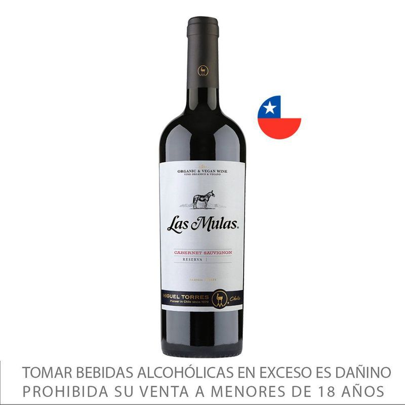 LAS MULAS - Vino Las Mulas Tinto Orgánico Cabernet Sauvignon Botella 750 mL