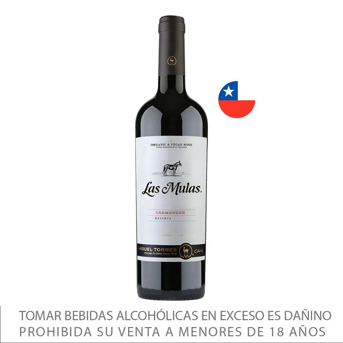 LAS MULAS - Vino Las Mulas Tinto Orgánico Carmenere Reserva Botella 750 mL