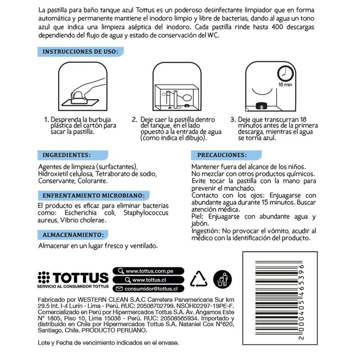 TOTTUS - Pastilla Tanque Azul para Baño Tottus