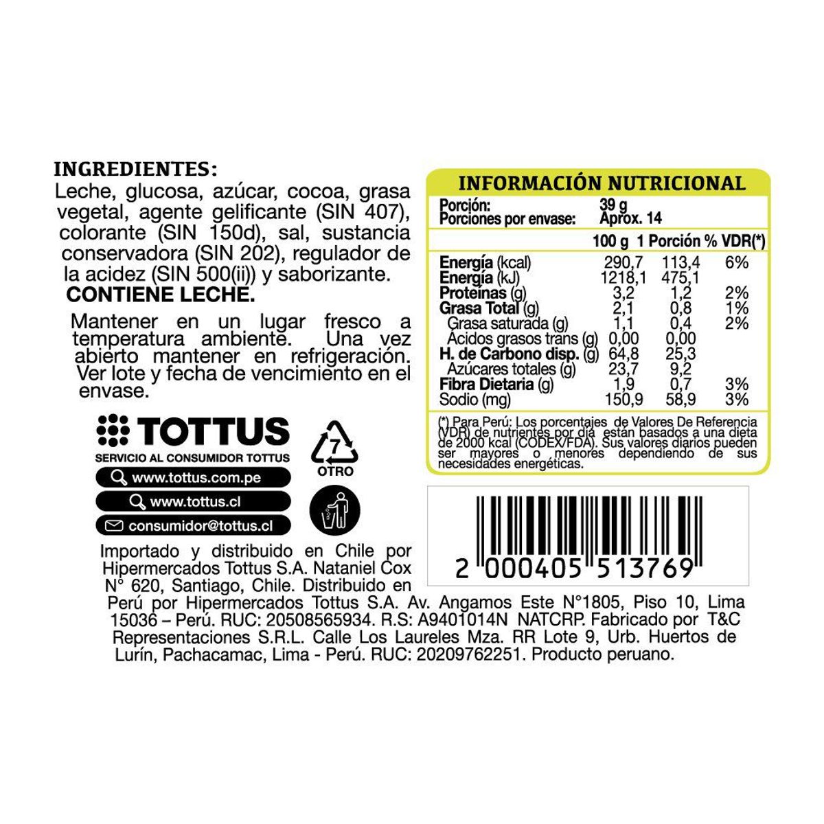 TOTTUS - Fudge Heladero Tottus Envase 550 g