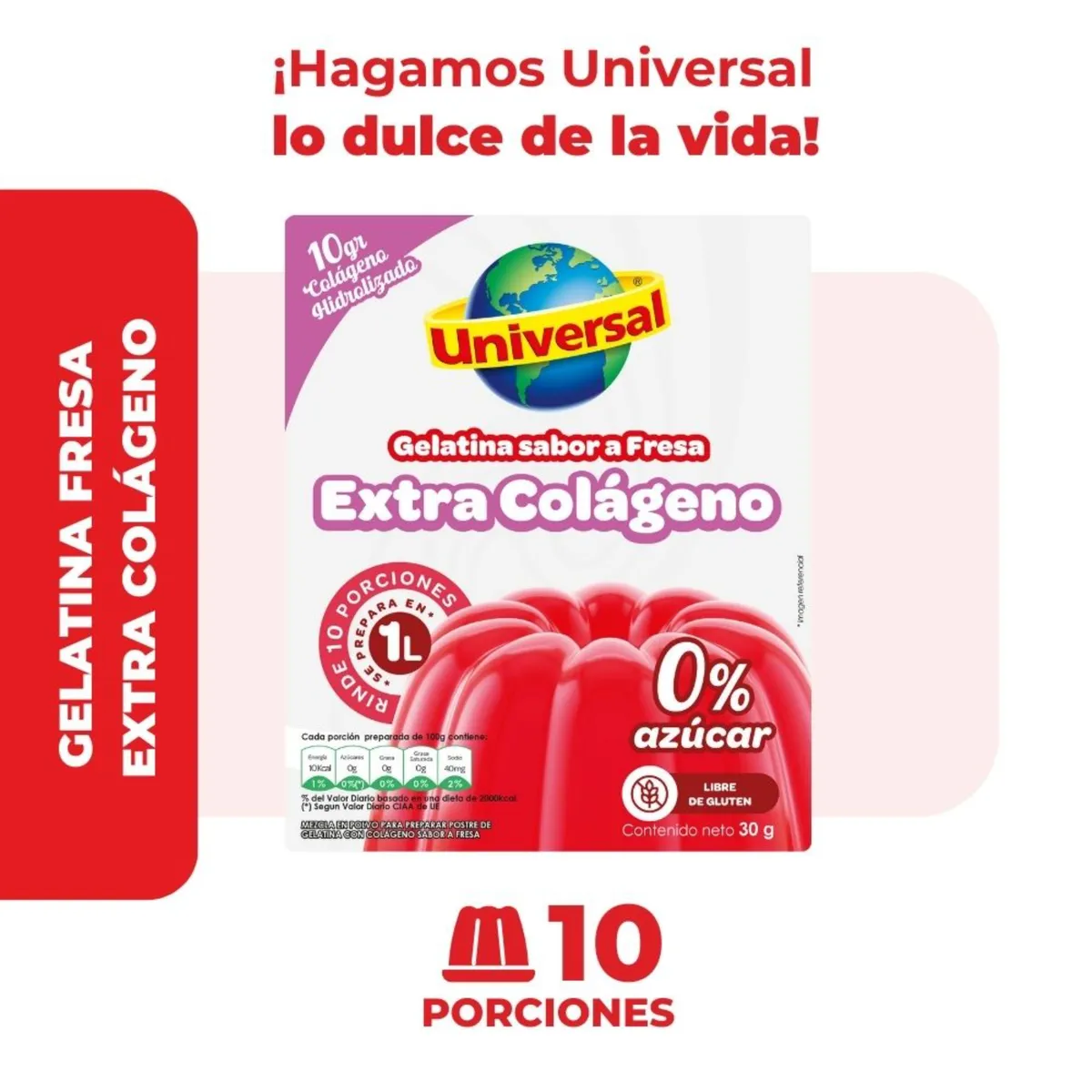 UNIVERSAL - Gelatina Universal Extra Colágeno Sabor Fresa Empaque 30 g