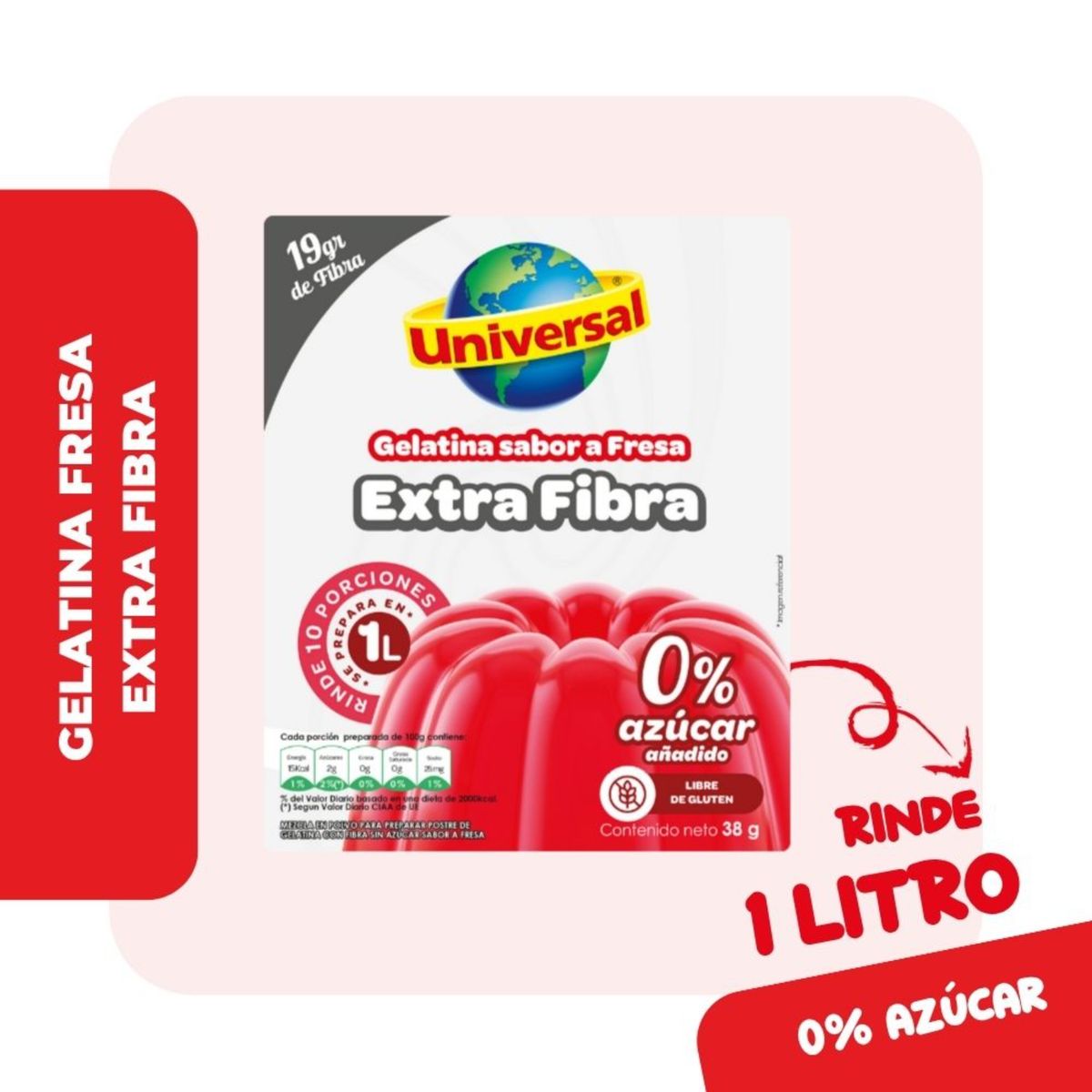 UNIVERSAL - Gelatina Universal Extra Fibra Sabor Fresa Empaque 38 g
