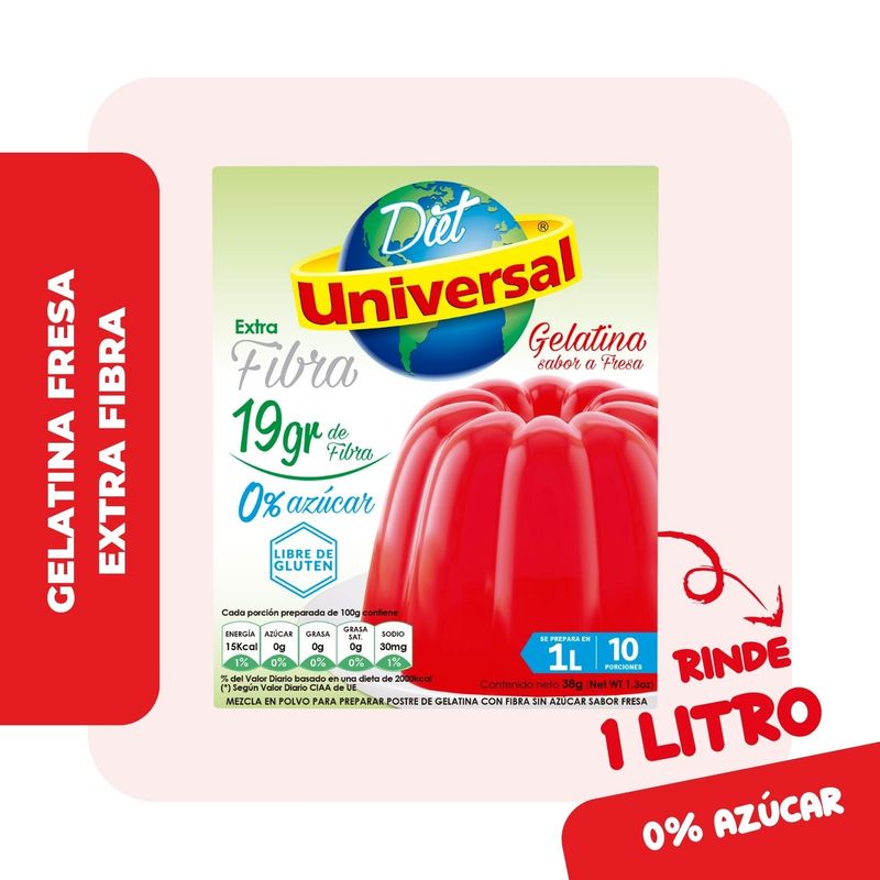 UNIVERSAL - Gelatina Universal Extra Fibra Sabor Fresa Empaque 38 g