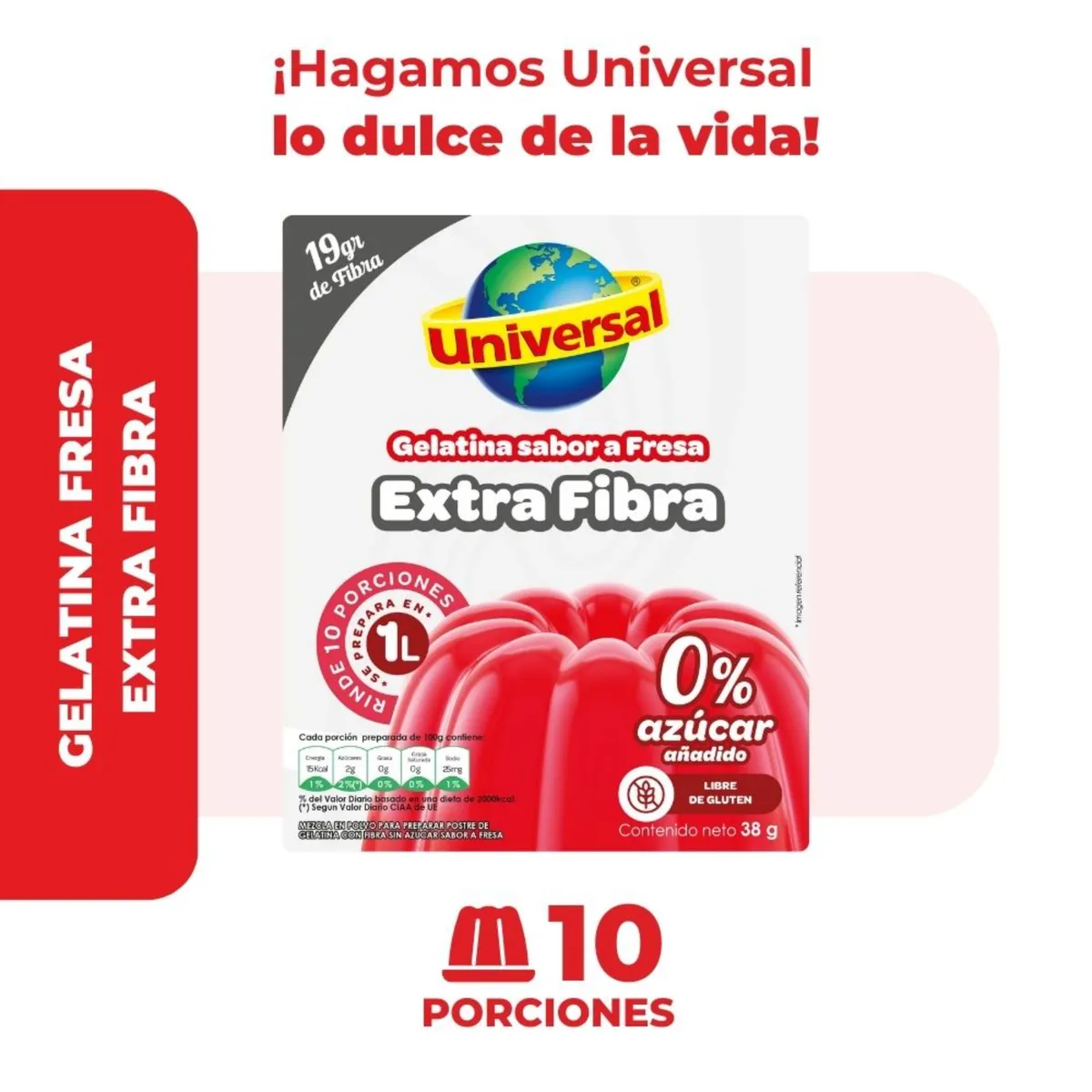 UNIVERSAL - Gelatina Universal Extra Fibra Sabor Fresa Empaque 38 g