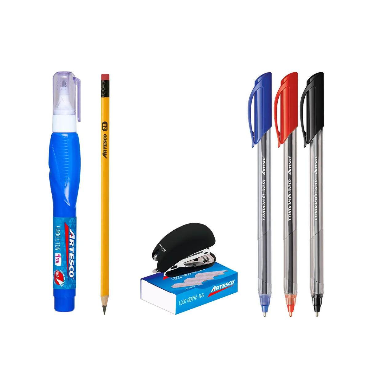 ARTESCO - Set Oficina Artesco 3 Lapiceros + 2 Lápices + Corrector + Mini Engrapador + Corrector