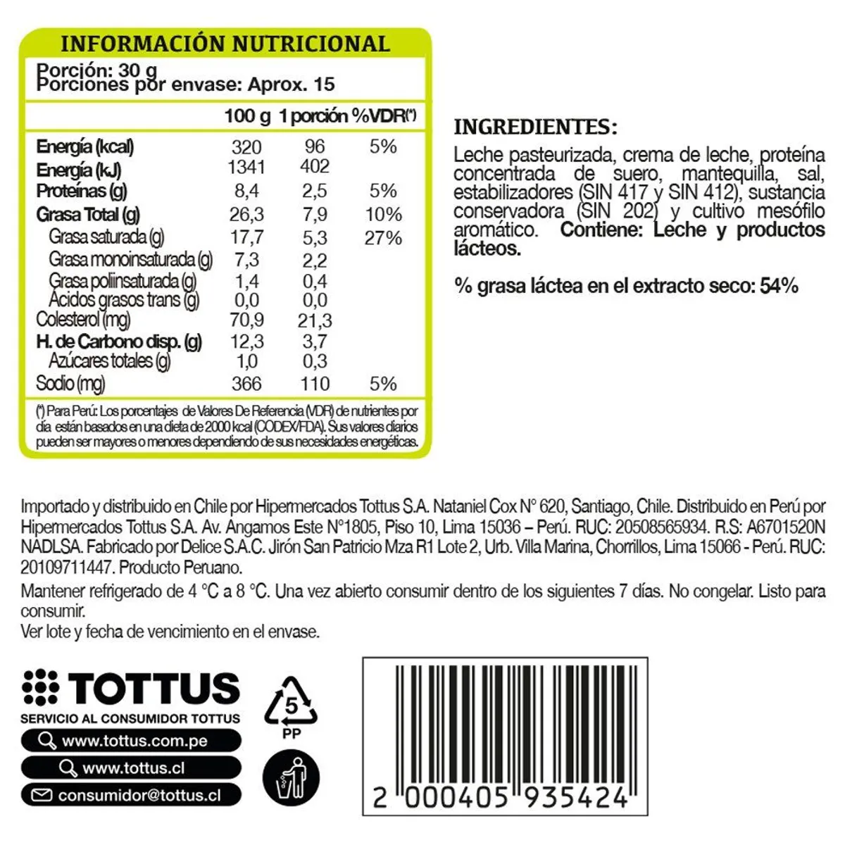 TOTTUS - Queso Crema Tradicional Tottus Envase 455 g
