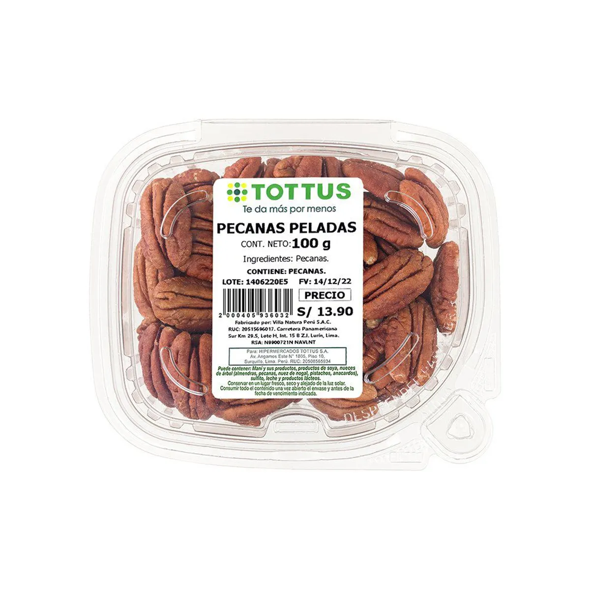 TOTTUS - Pecanas Peladas Tottus Envase 100 g