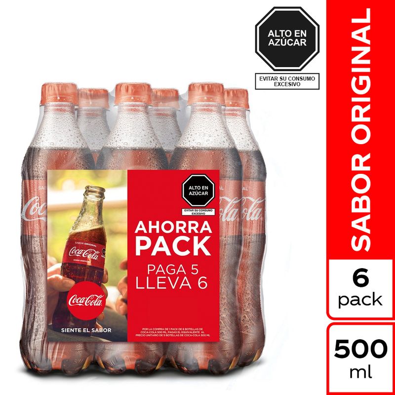 COCA COLA - Gaseosa Coca Cola Pack 6 Unidades 500 mL