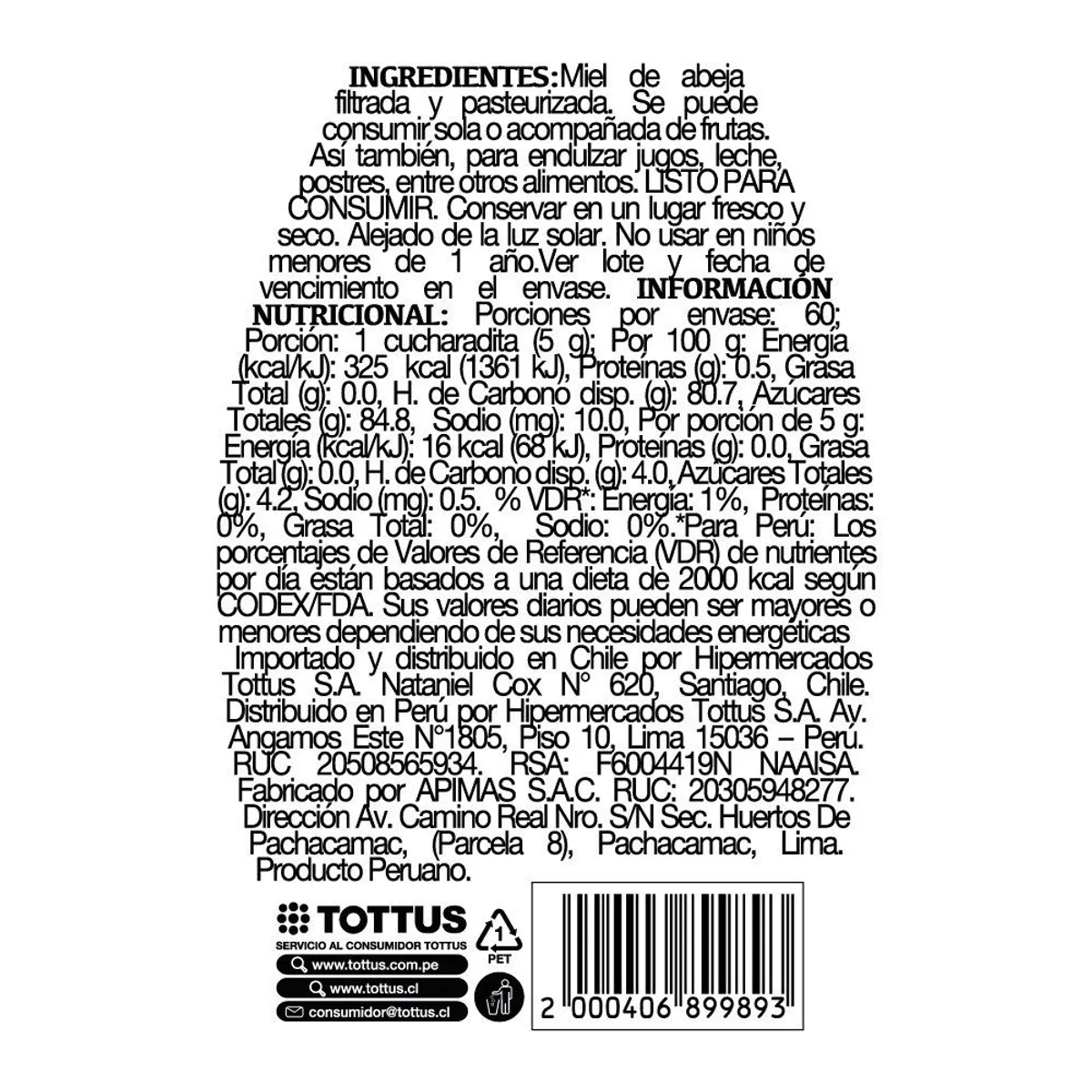 TOTTUS - Miel de Abeja Tottus Tottus Envase 300 g