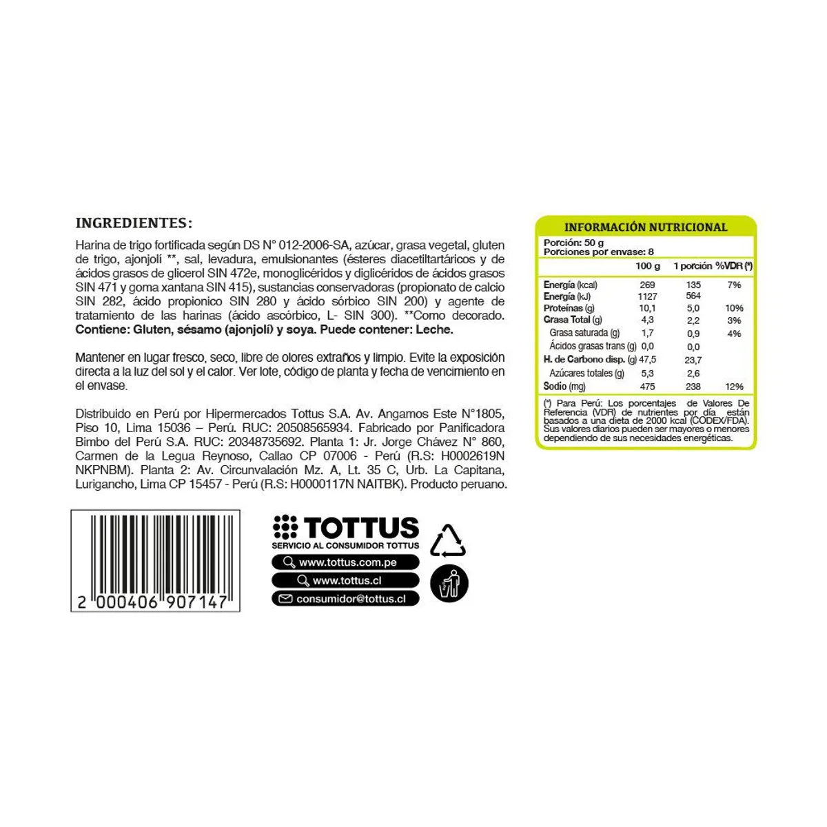 TOTTUS - Pan Hamburguesa Tottus 8 Unidades