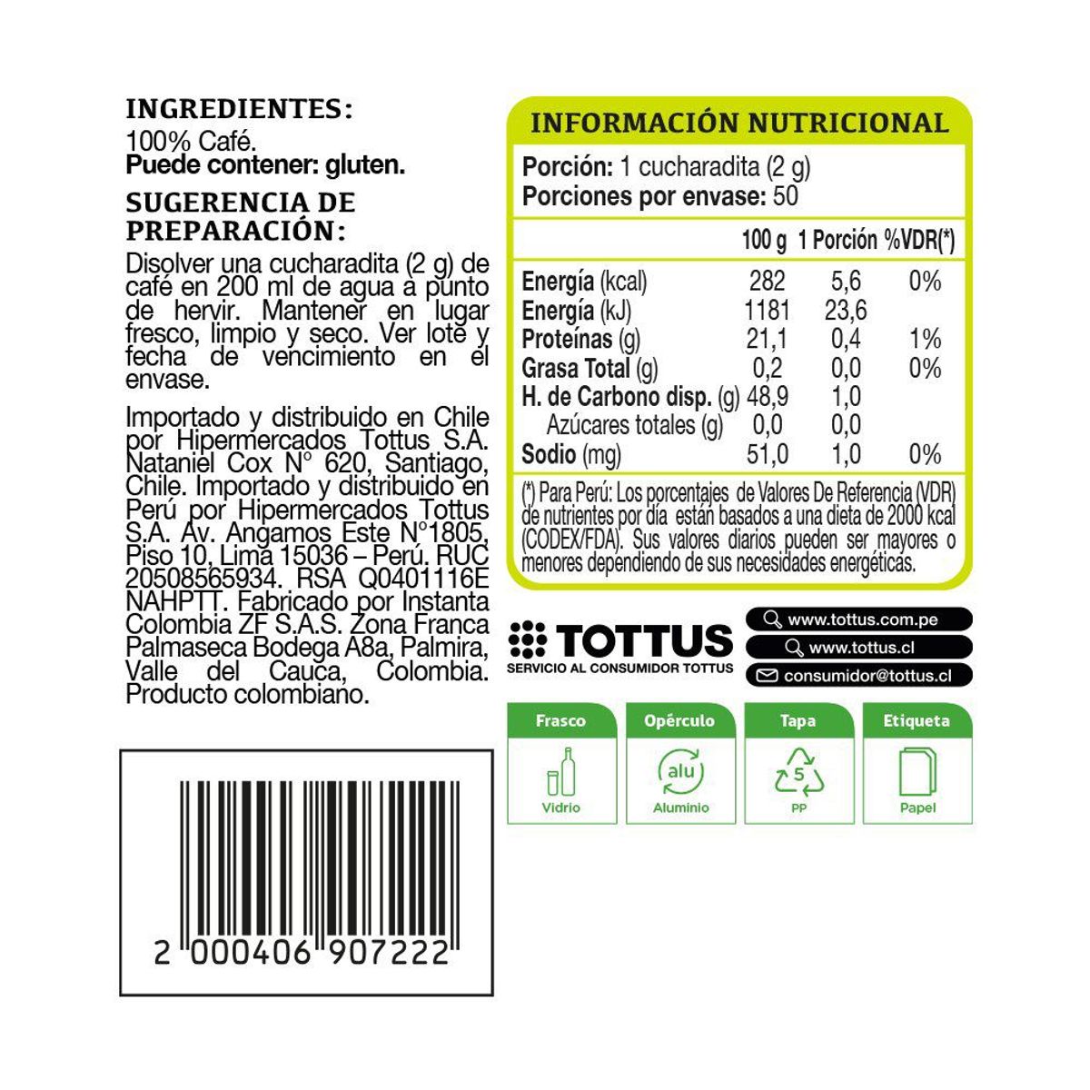 TOTTUS LIFE - Café Instantáneo Tottus Life Liofilizado Premium Envase 100 g