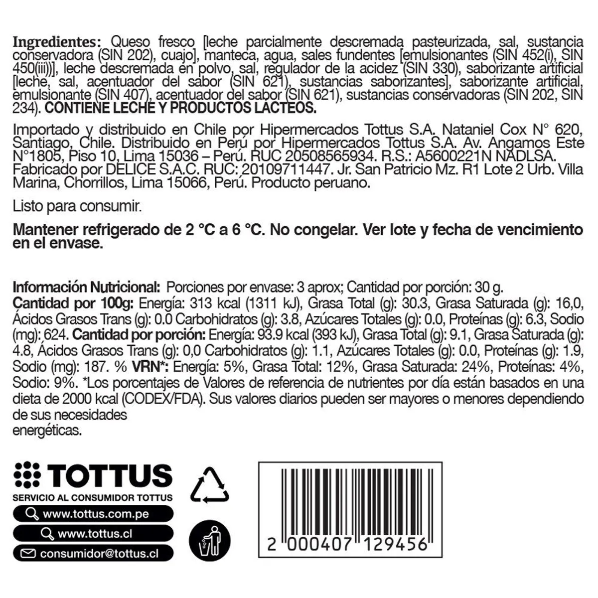 TOTTUS - Queso Crema Natural Tottus Envase 80 g