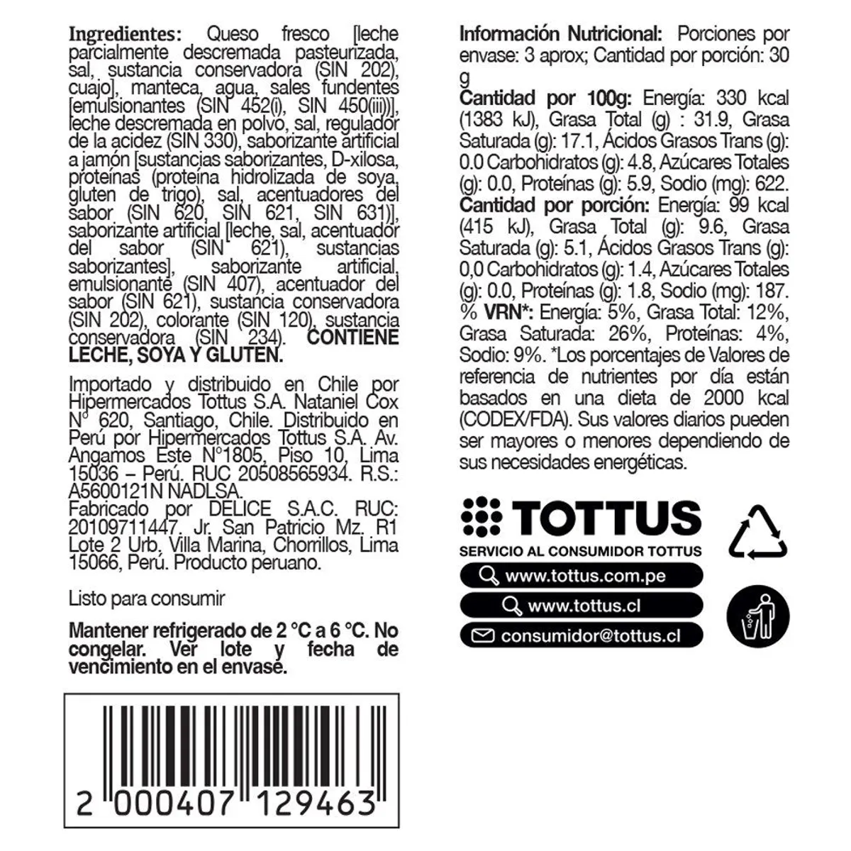 TOTTUS - Crema con Queso Tottus Sabor Jamón Bolsa 80 g