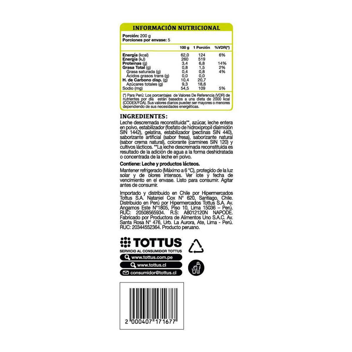 TOTTUS - Yogurt Bebible Tottus Fresa Botella 1 Kg