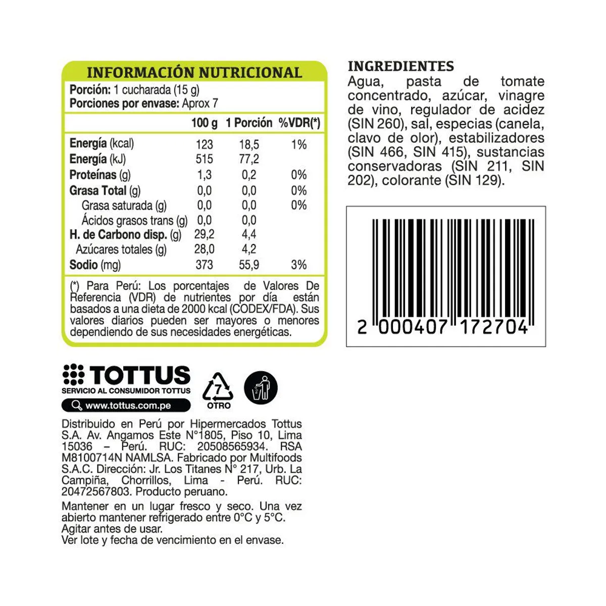 TOTTUS - Ketchup Tottus Empaque 100 g