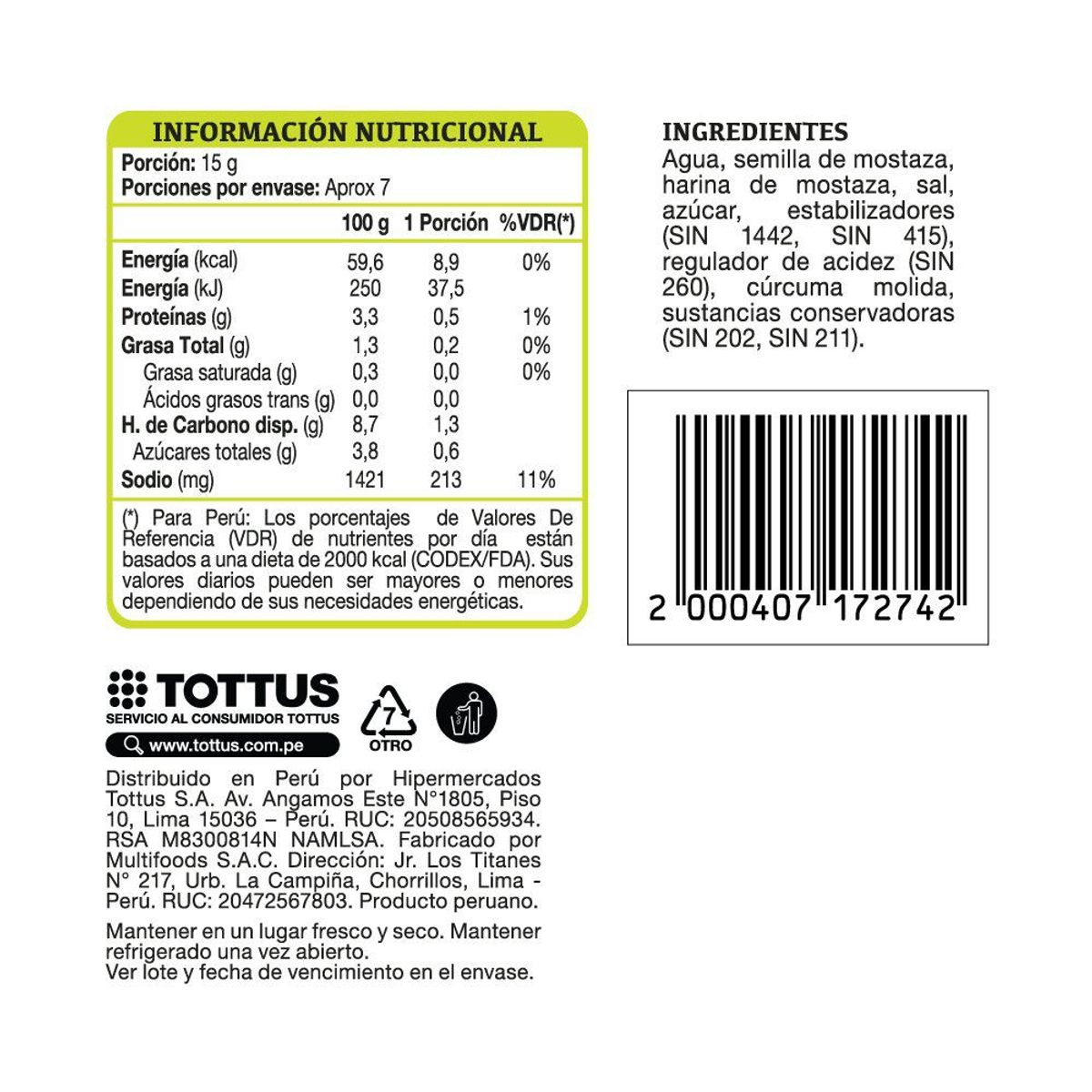 TOTTUS - Mostaza Tottus Empaque 100 g