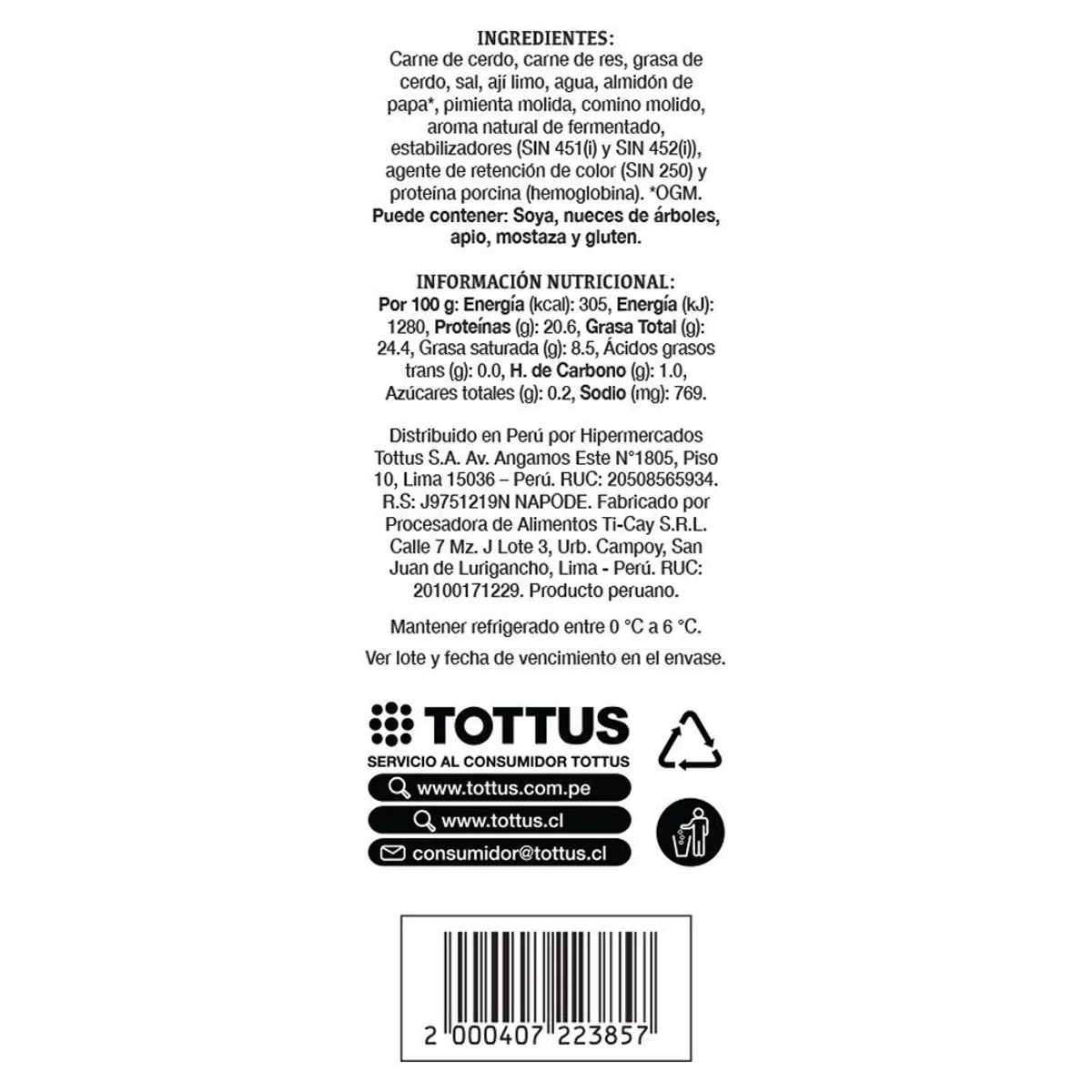 TOTTUS - Cabanossi Tottus Empaque 1 Und