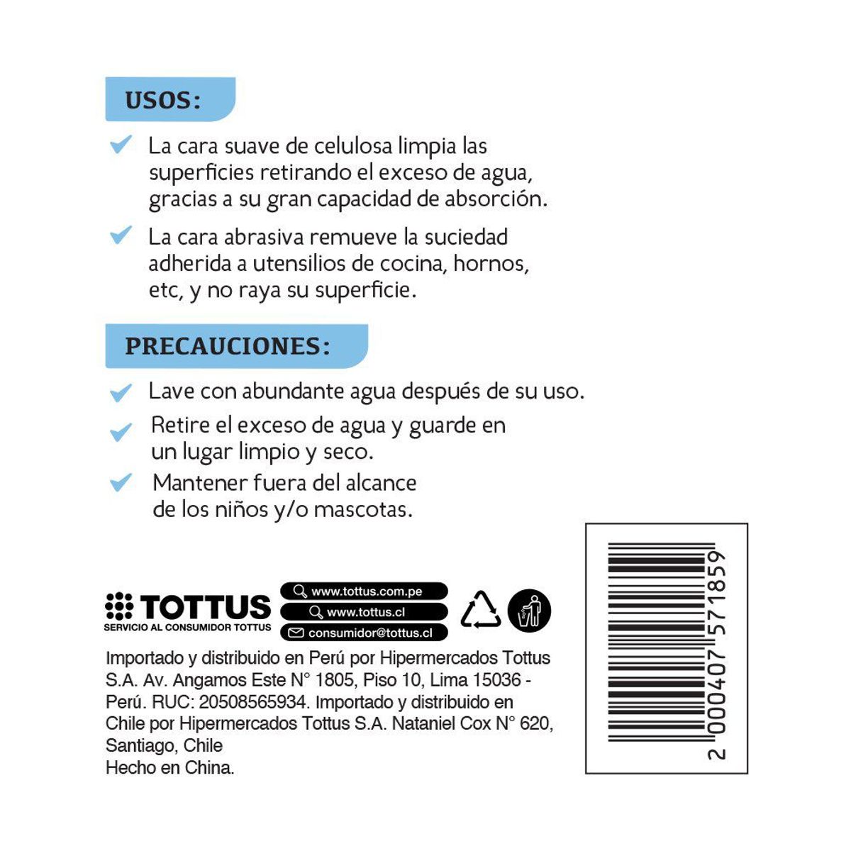 TOTTUS - Esponja 3 en 1 Tottus Empaque 2 Und