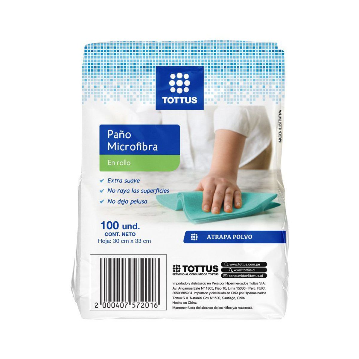 TOTTUS - Paño de Microfibra para Polvo Tottus en Rollo Empaque 100 Und