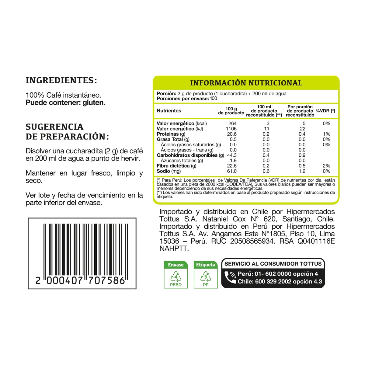 TOTTUS - Café Instantáneo Tottus Granulado Envase 200 g