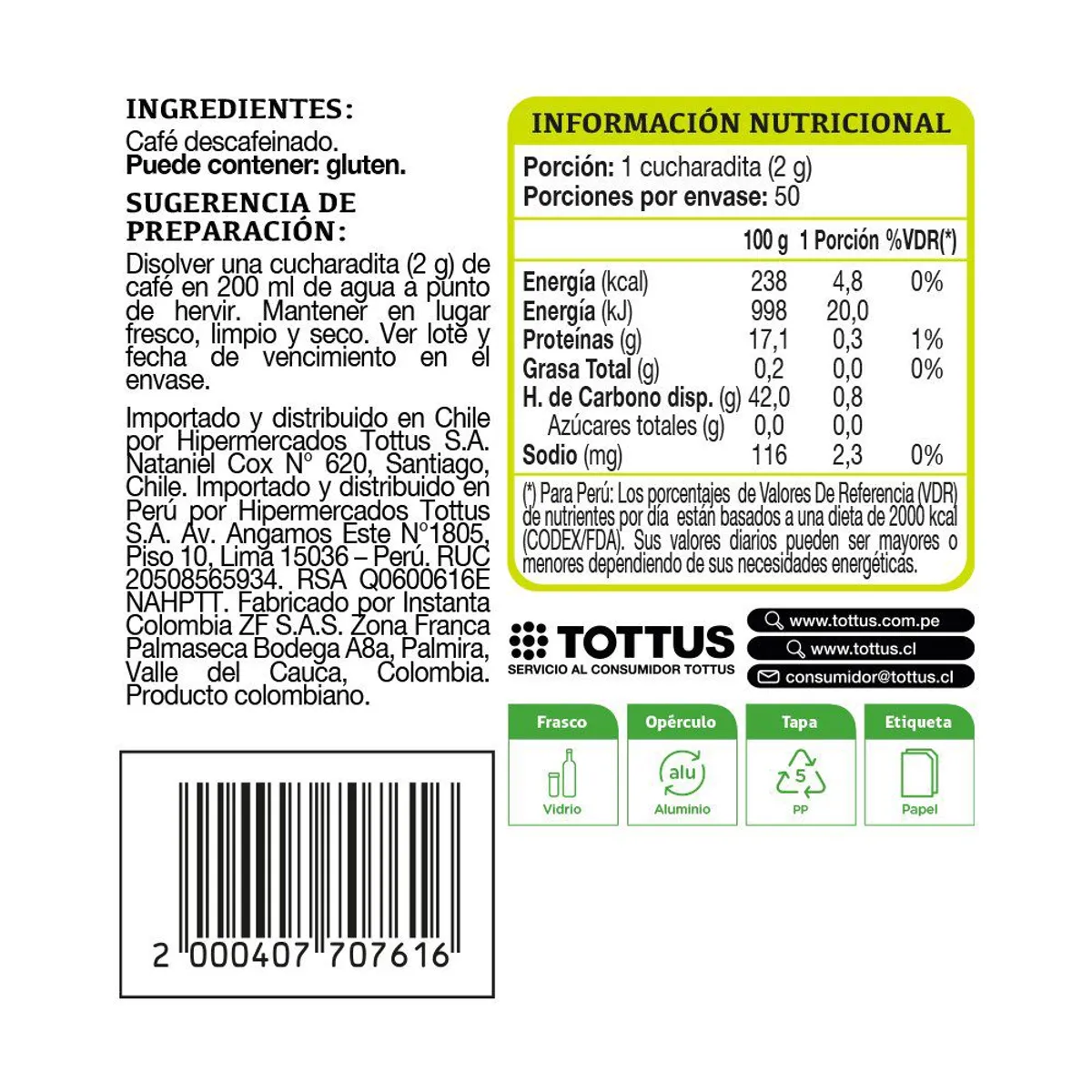 TOTTUS - Café Instantáneo Descafeinado Tottus Envase 100 g