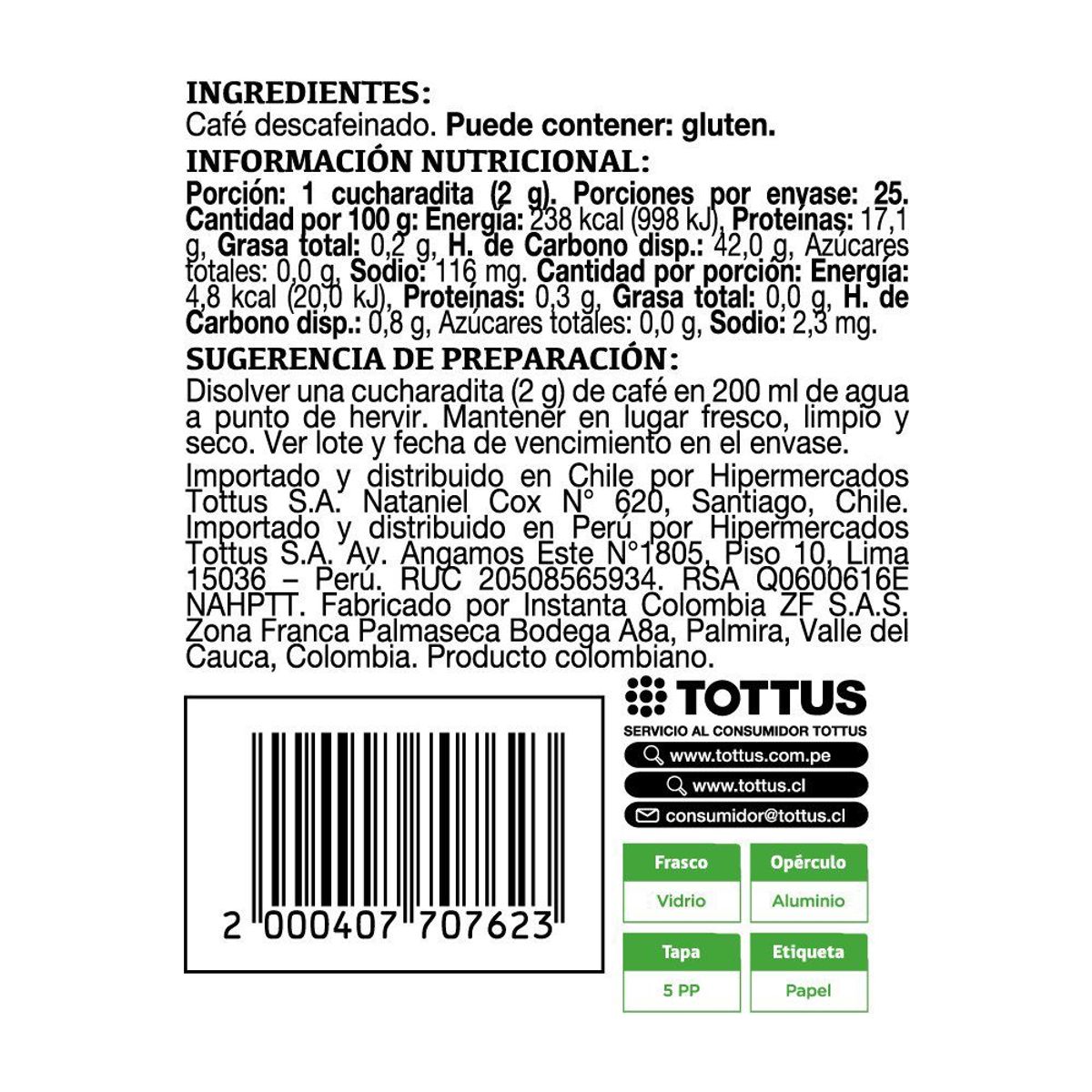 TOTTUS - Café Instantáneo Descafeinado Tottus 50 g